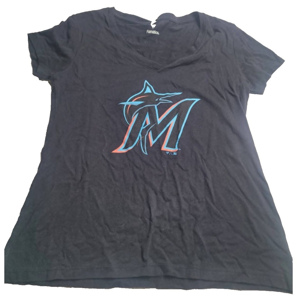 Fanatics Miami Marlins Baseball Black Short Sleeve V-Neck T-Shirt Women's XL MLB